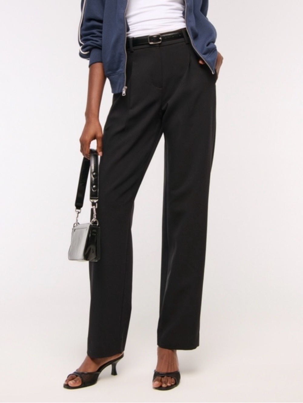 Abercrombie Quinn Tailored Straight Leg Pants 14S Black High Rise Pleated